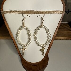 Elizabeth (Elegant Pearl Hoop Earrings with Gold Cross)